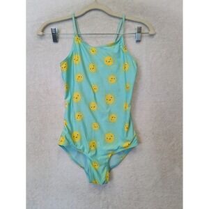 H&M Girl's Size 8-10Y One Piece Swimsuit Turquoise Blue Yellow Sun Graphic